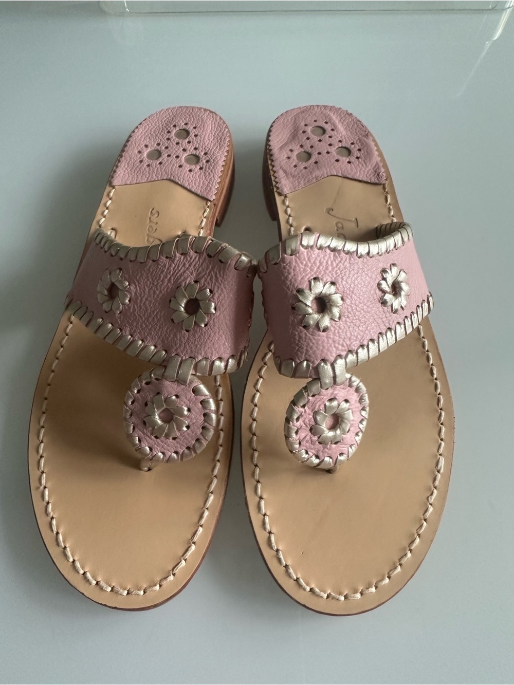 Jack Rogers Jacks Flat Thong Sandal Pink Gold Leather Metallic Size 8.5